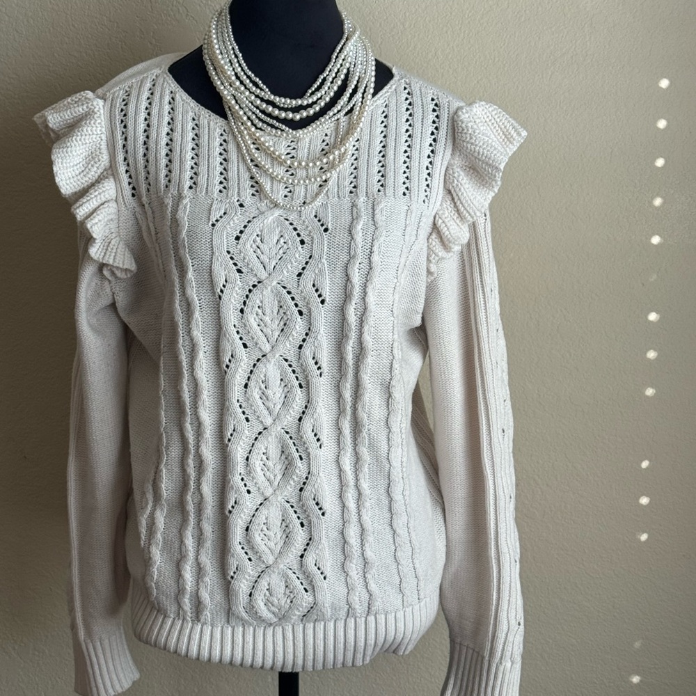 LOFT Cable Knit Sweater with Ruffle Details - Picture 2 of 7